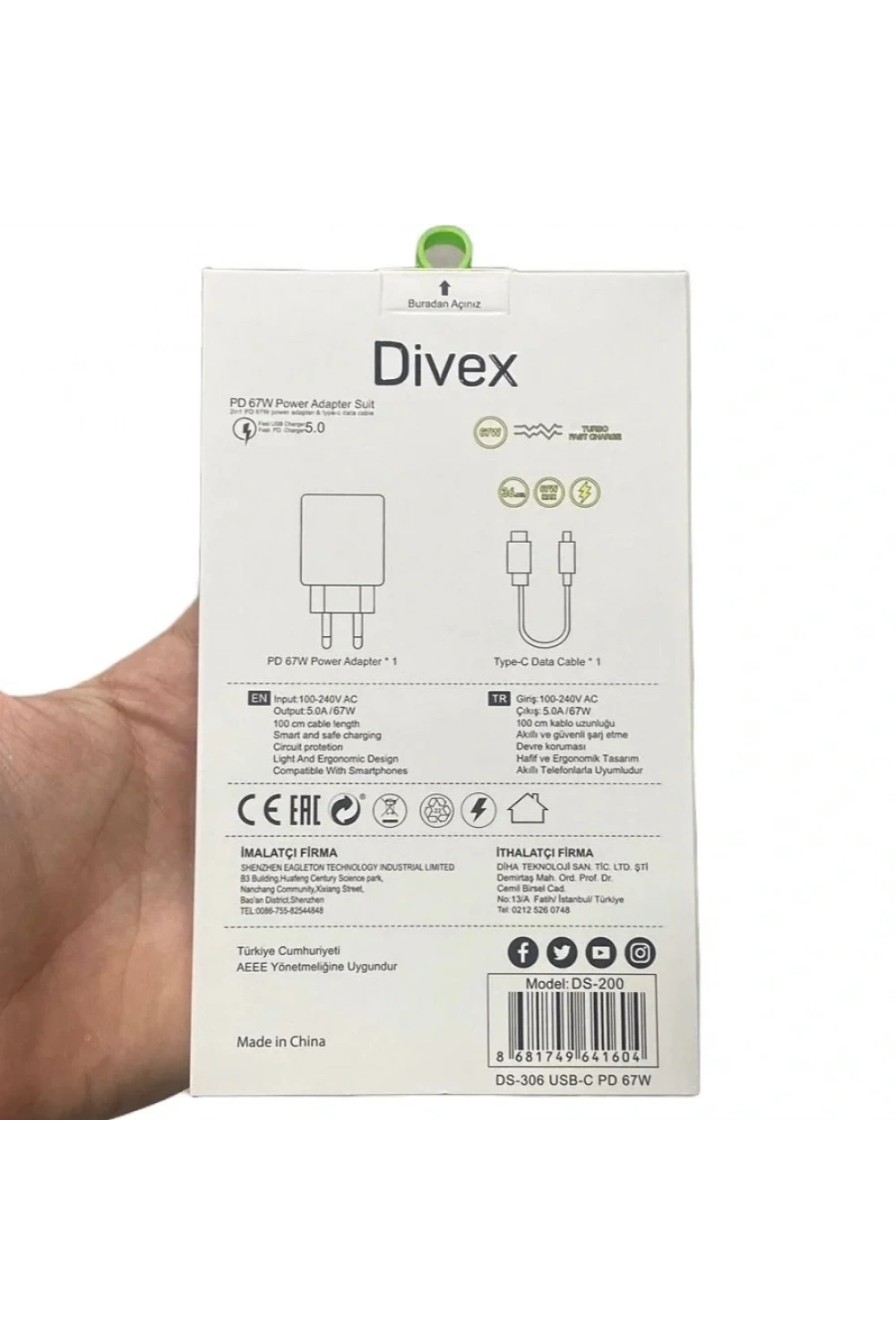 Divex 67W Type-C ( USB-C ) + USB Yüksek Hızlı Şarj Aleti DS-306