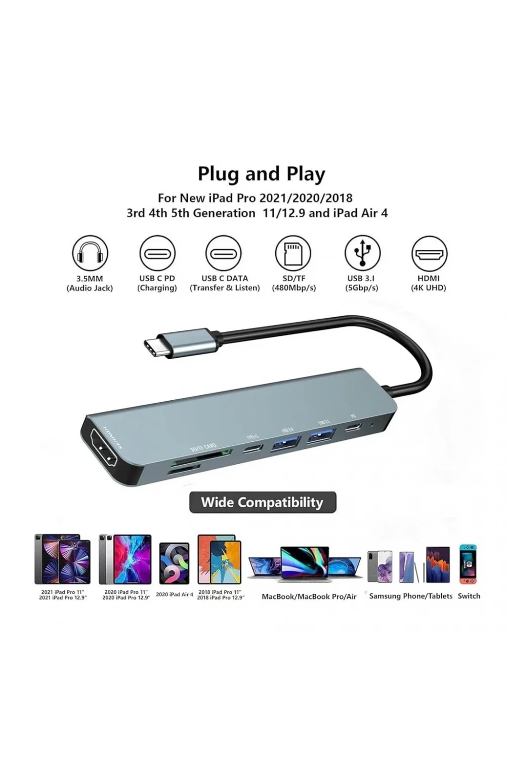 Divex 7 in 1 Type-C Girişli 7 Farklı Çıkışlı USB Çoklayıcı Splitter DX-06