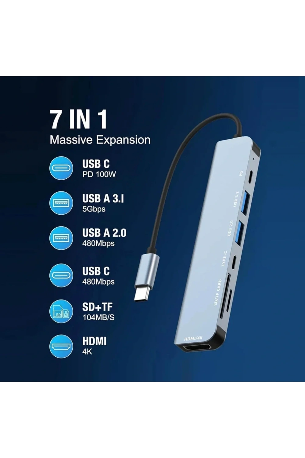 Divex 7 in 1 Type-C Girişli 7 Farklı Çıkışlı USB Çoklayıcı Splitter DX-06