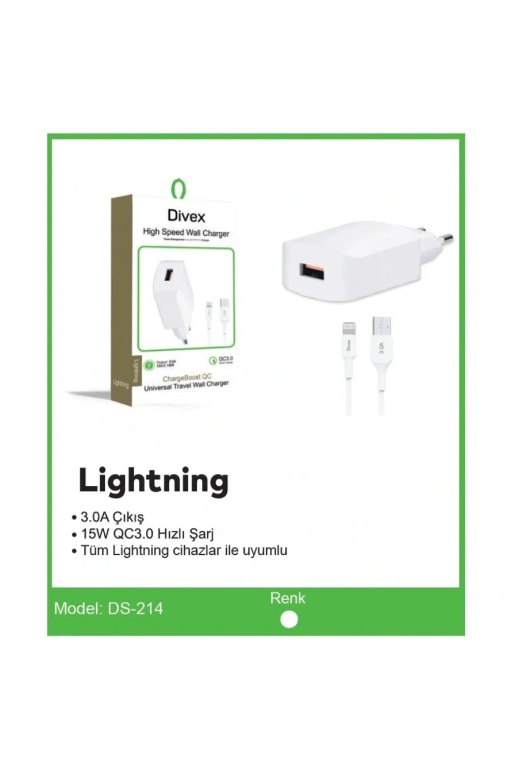 Divex Apple-Iphone Uyumlu 3.0A Adaptör ve Şarj Kablosu Seti DS-214