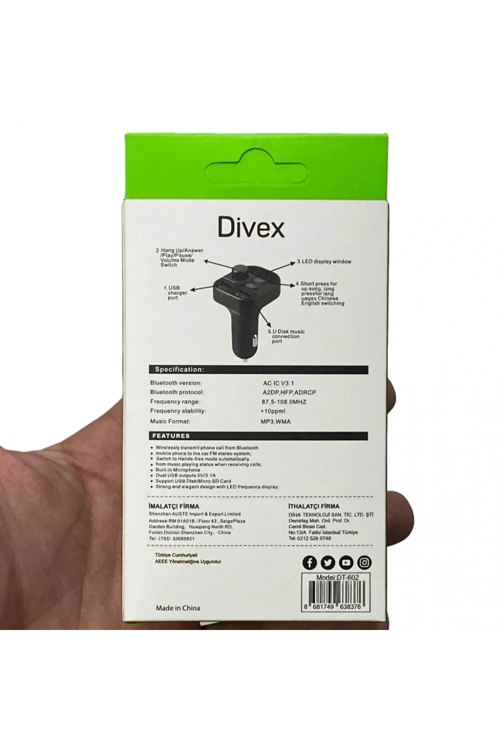 Divex Araç Fm Transmitter Bluetooth 2xUSB Mp3 Çakmaklık Girişli DT-602