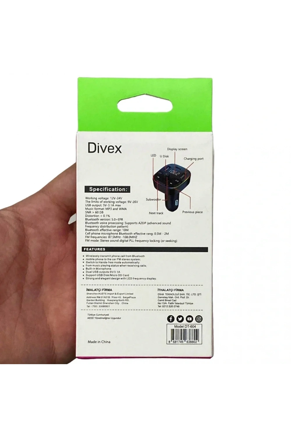 Divex Araç Fm Transmitter Bluetooth 3xUSB - Type-C - SD Kart Çakmaklık Girişli DT-604