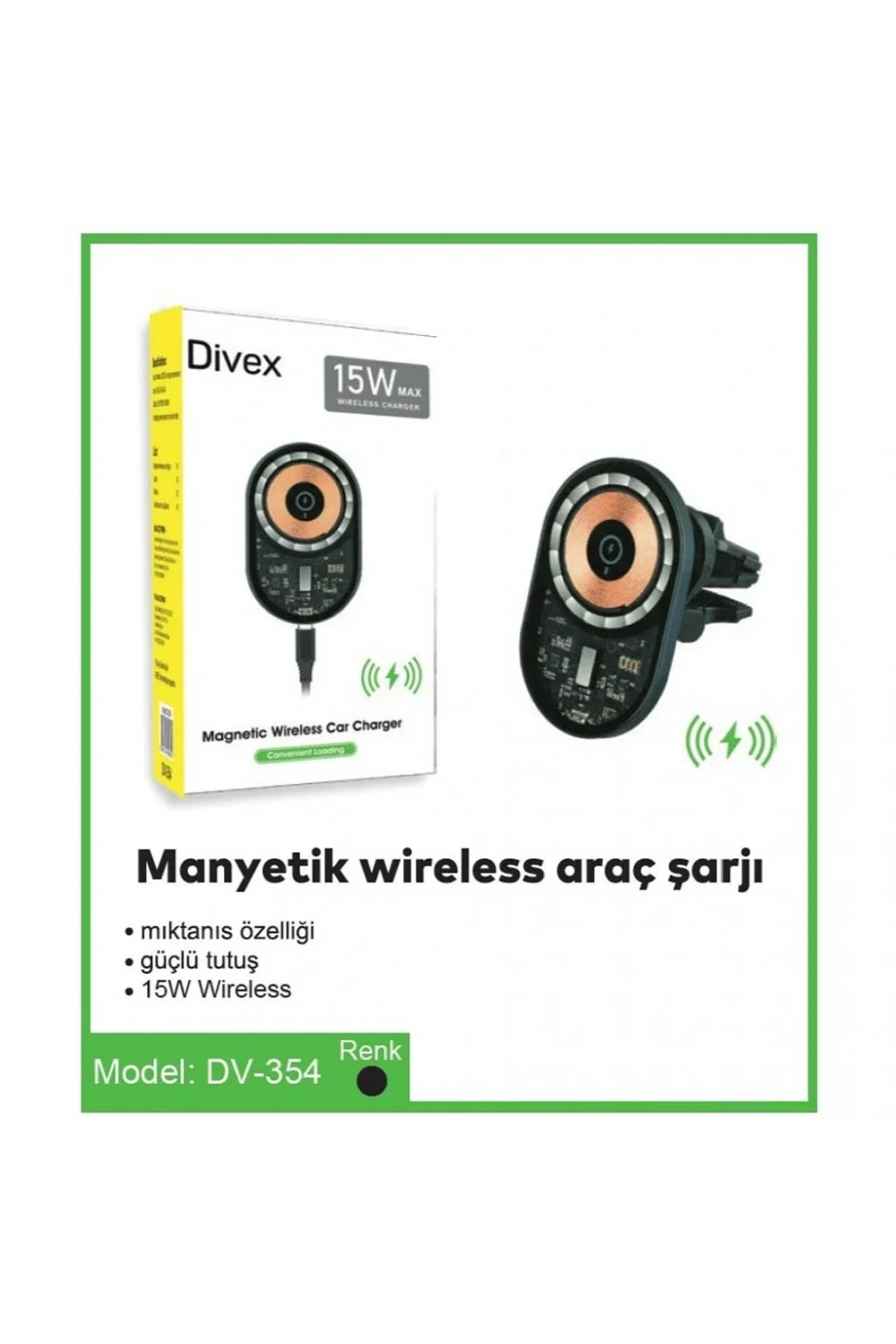 Divex Kablosuz Araç Şarj Cihazı Manyetik Wireless Şarj Aleti DV-354