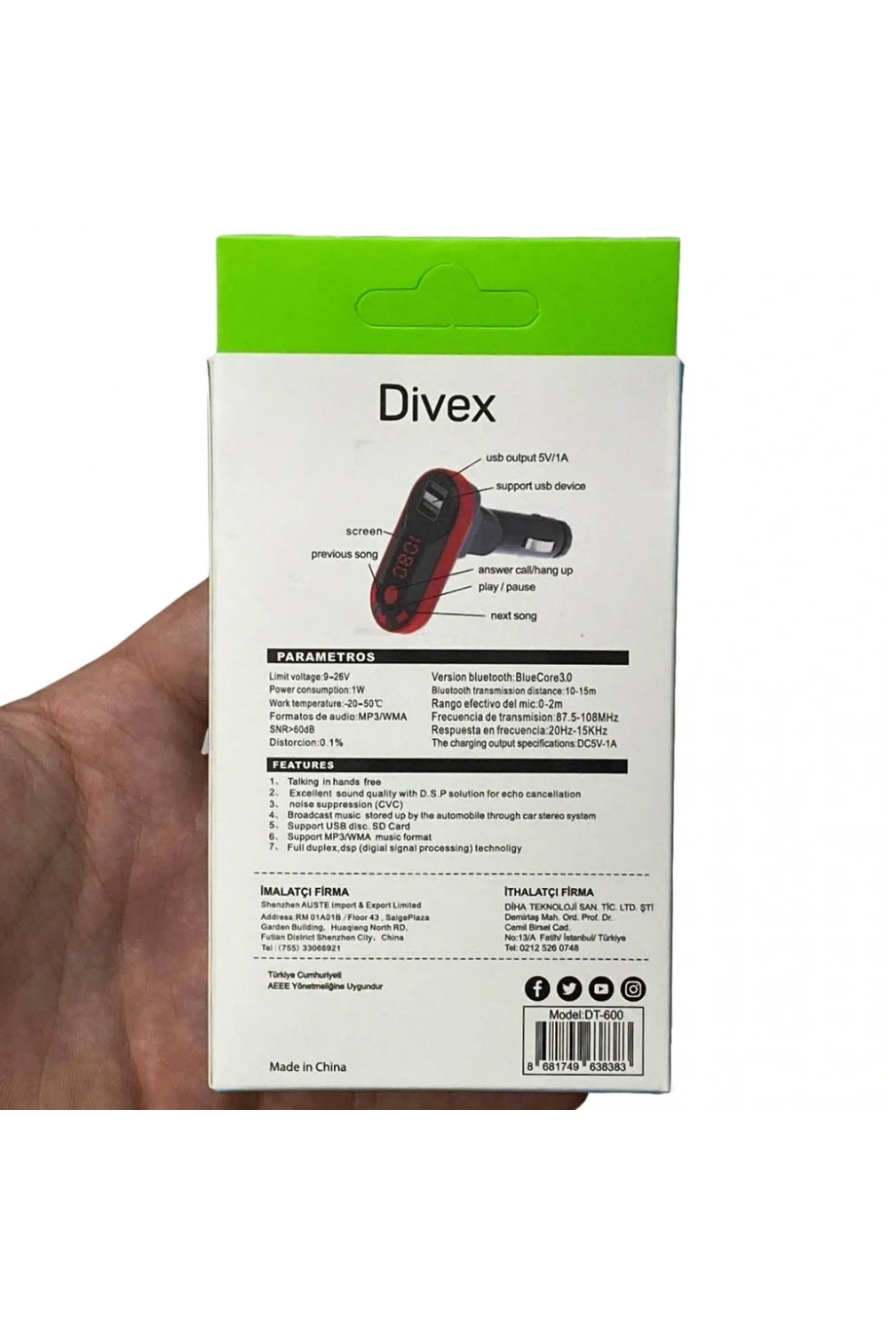 Divex Kumandalı Çakmaklık Girişli Araç Fm Transmitter Bluetooth 2xUSB - SD Kart Kırmızı DT-600