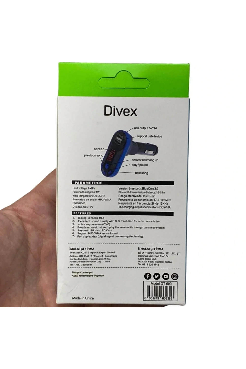 Divex Kumandalı Çakmaklık Girişli Araç Fm Transmitter Bluetooth 2xUSB - SD Kart Mavi DT-600