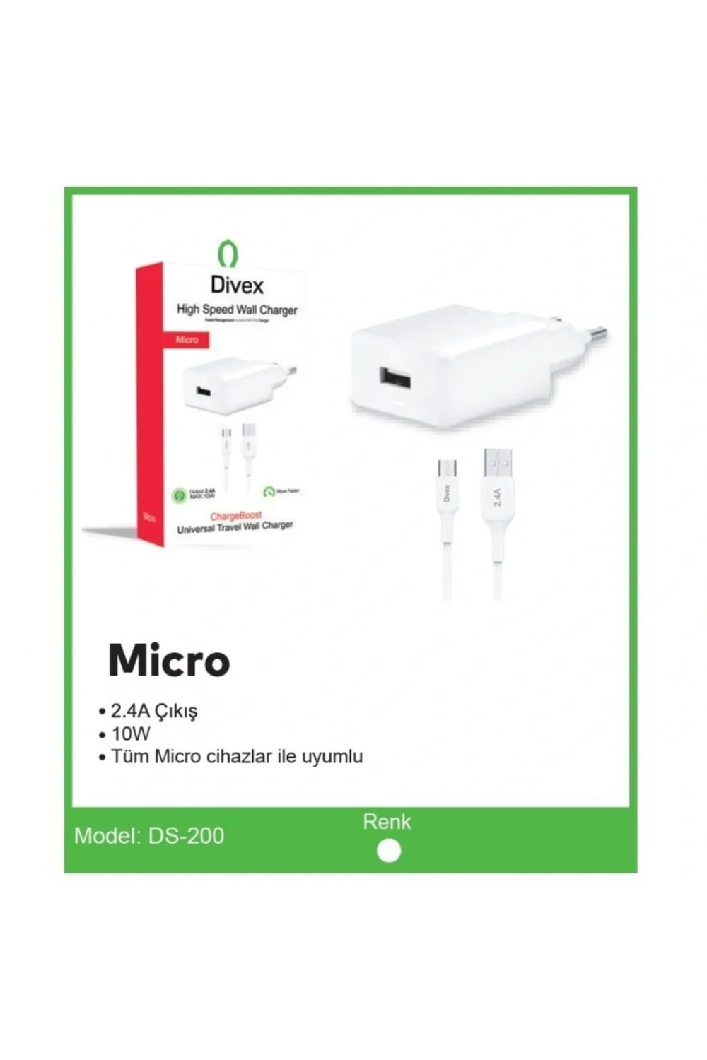 Divex Micro USB Kablo - Adaptör 2.4A Ev Tipi Şarj Aleti DS-200