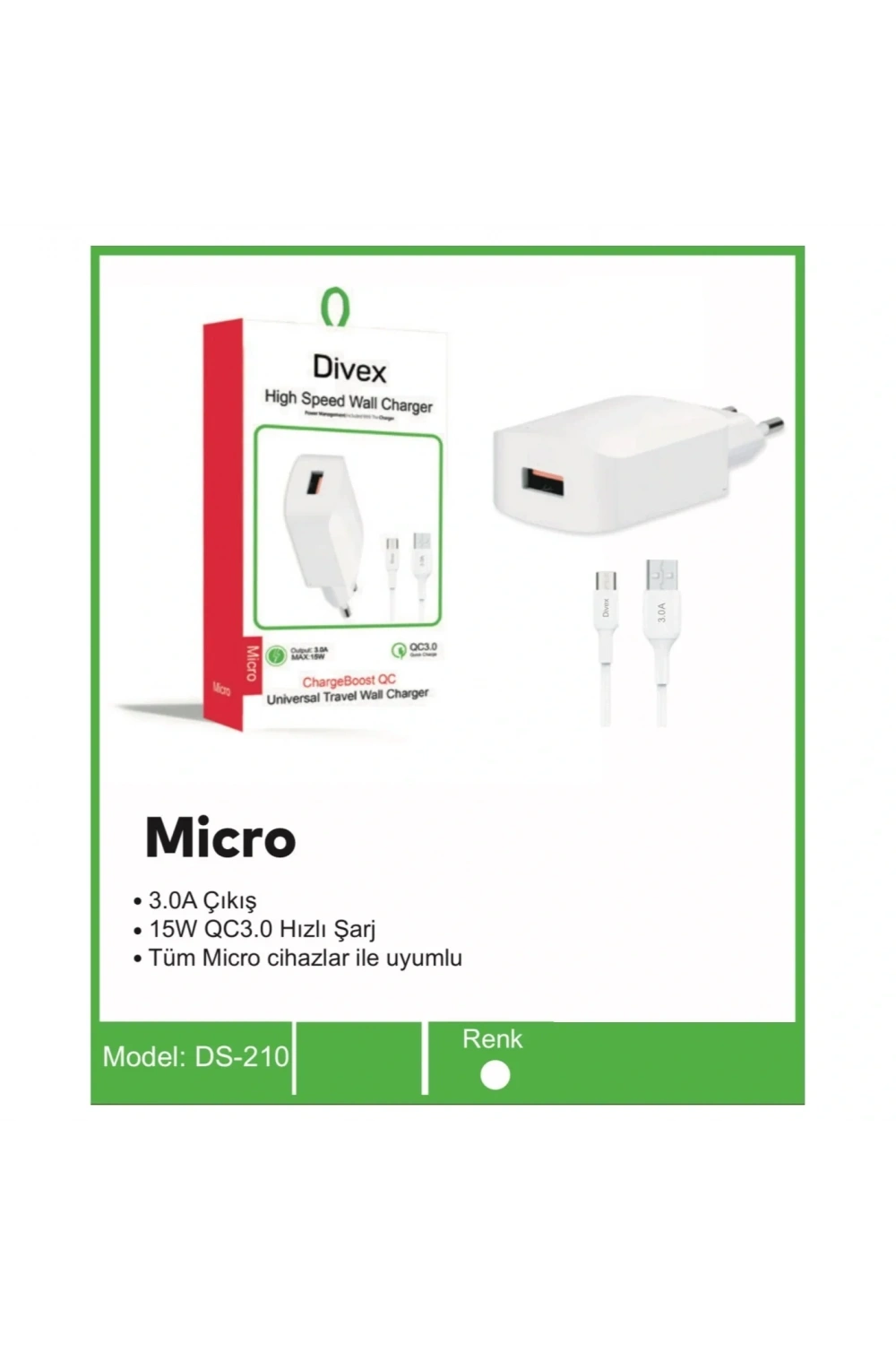 Divex QC3.0 Micro USB 3.0A 15W Hızlı Şarj Aleti DS-210
