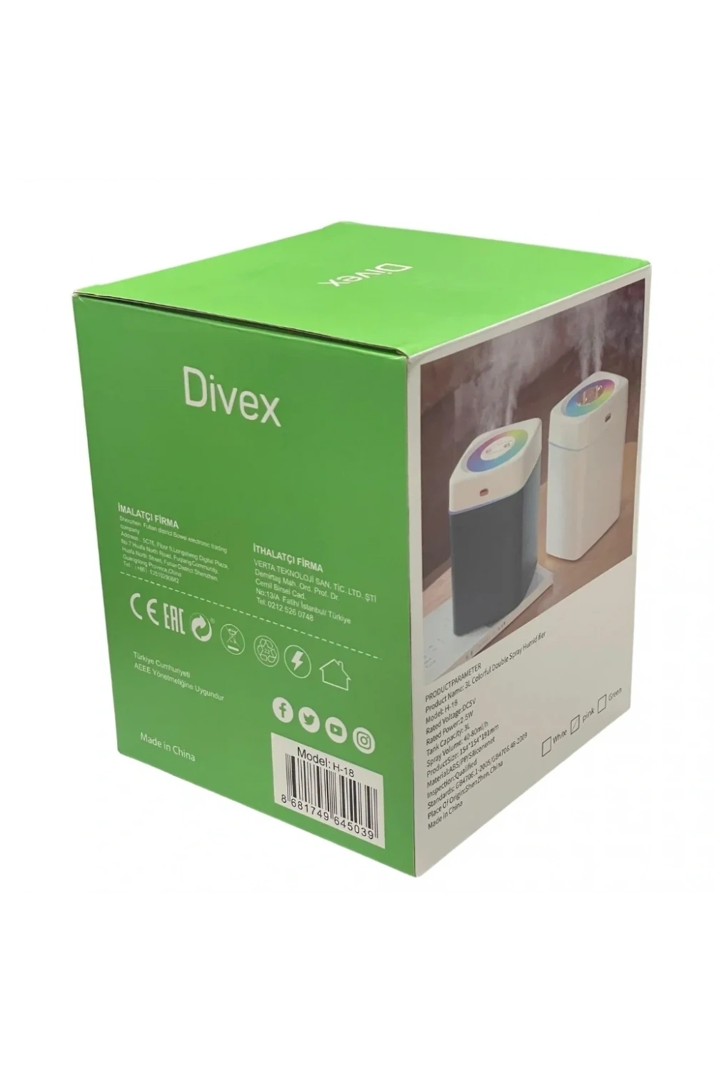 Divex Renkli Işıklı Çift Püskürtmeli Hava Nemlendirici 3L Humidifier H-18