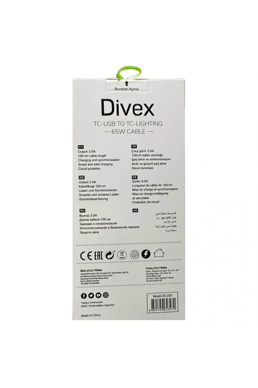 Divex TC-USB to TC-Lightning 65W/PD27W Şarj ve Veri Aktarım Kablosu DC-220