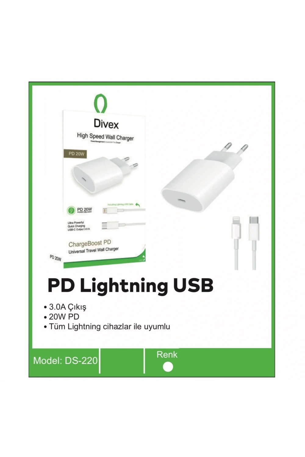 Divex Type-C Lightning USB 3.0A 27W Şarj Cihazı Apple Uyumlu DS-220