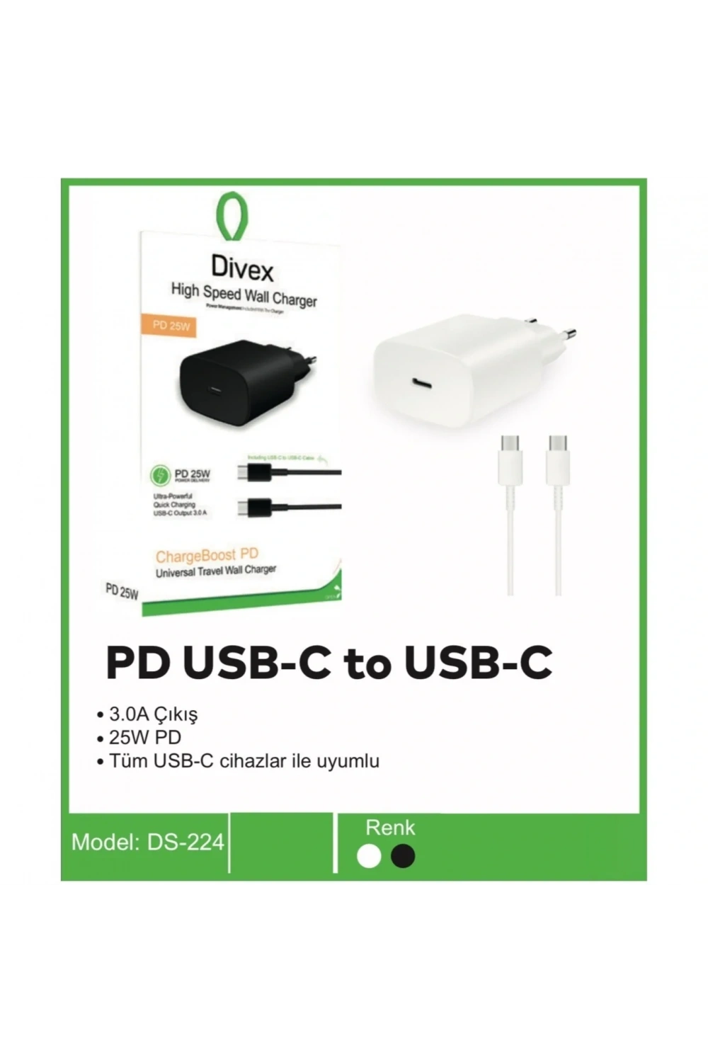 Divex Type-C to Type-C PD ( USB-C ) Çıkış 3.0A 25W Şarj Aleti DS-224