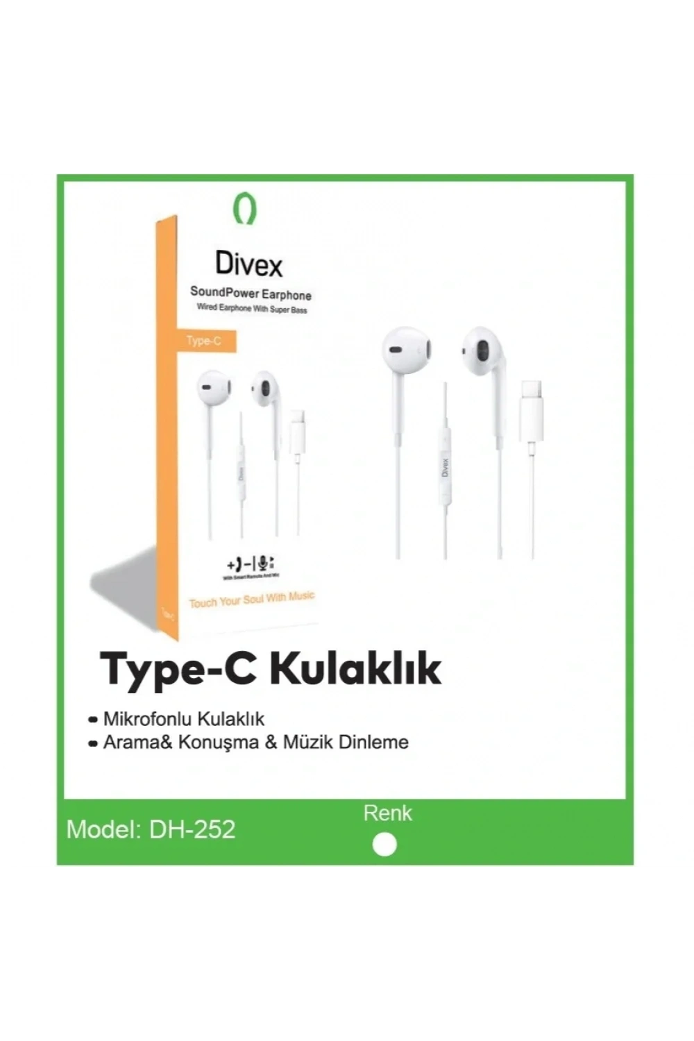 Divex Type-C Universal Girişli Kablolu Kulakiçi Kulaklık DH-252