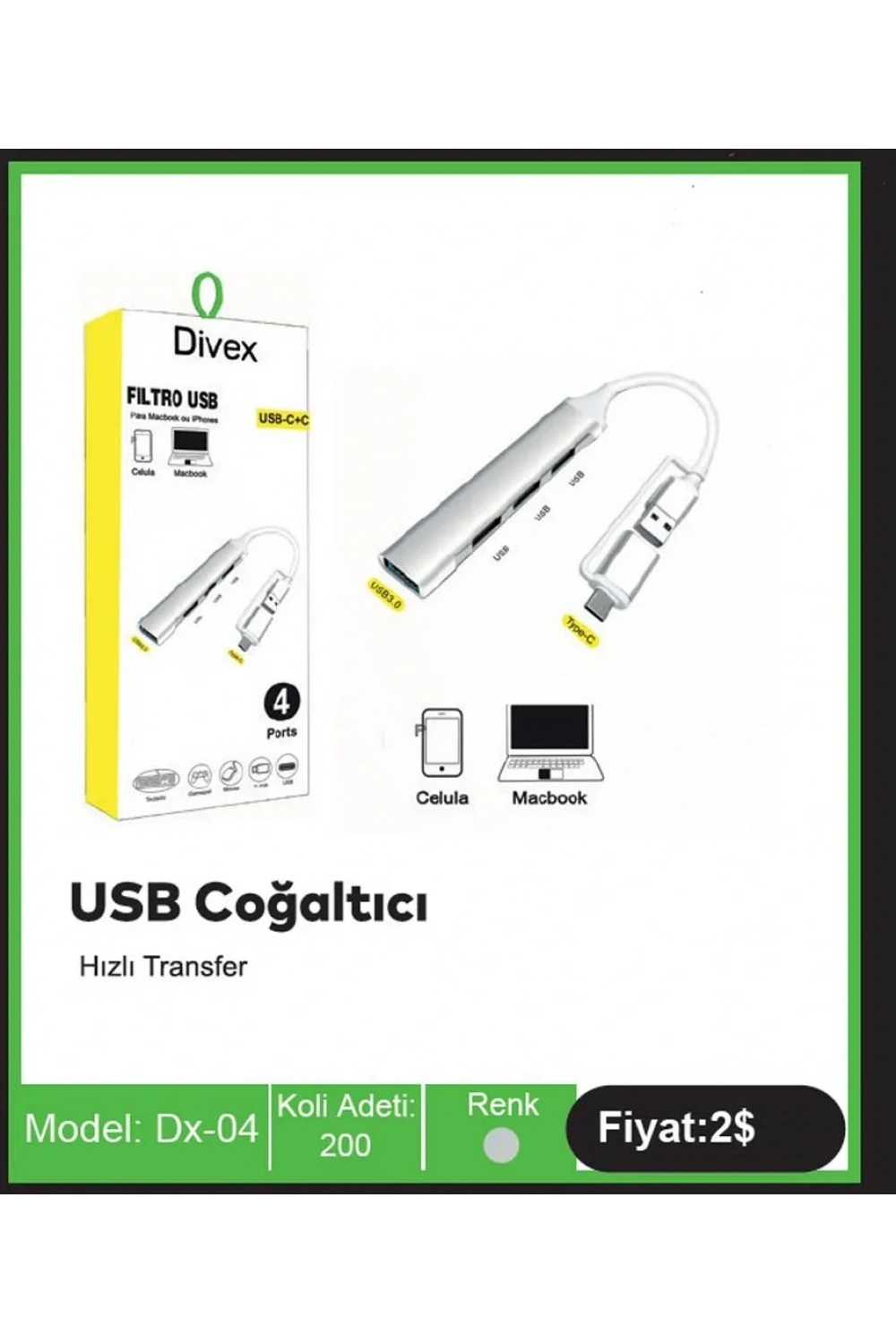 Divex Type-C + USB Girişli 4 Port USB Çoklayıcı USB Splitter DX-04