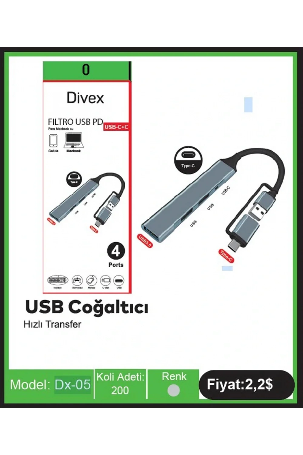 Divex Type-C + USB Girişli 4 Port USB Çoklayıcı USB+Type-C Splitter DX-05