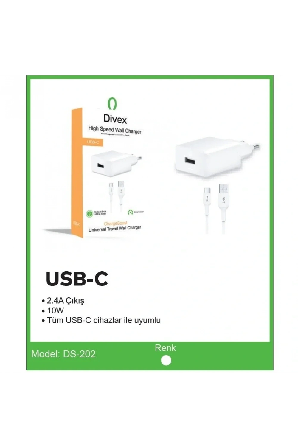 Divex Type-C USB Kablo - Adaptör 2.4A Ev Tipi Şarj Aleti DS-202