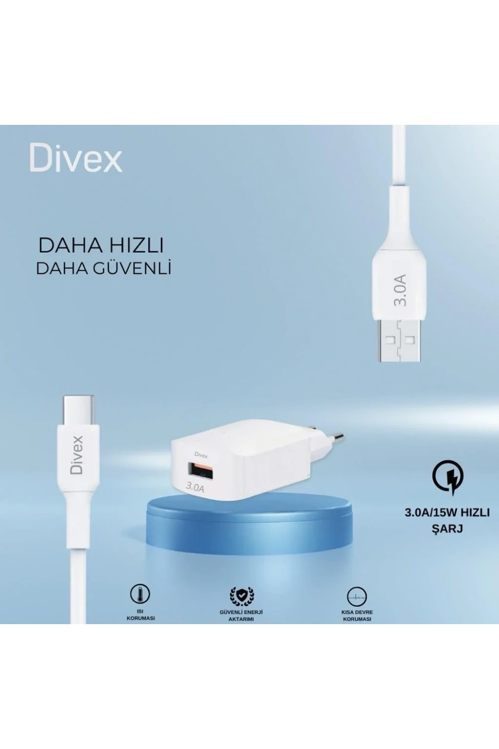 Divex Type-C USB Kablo - Adaptör 3.0A Ev Tipi Şarj Aleti DS-212
