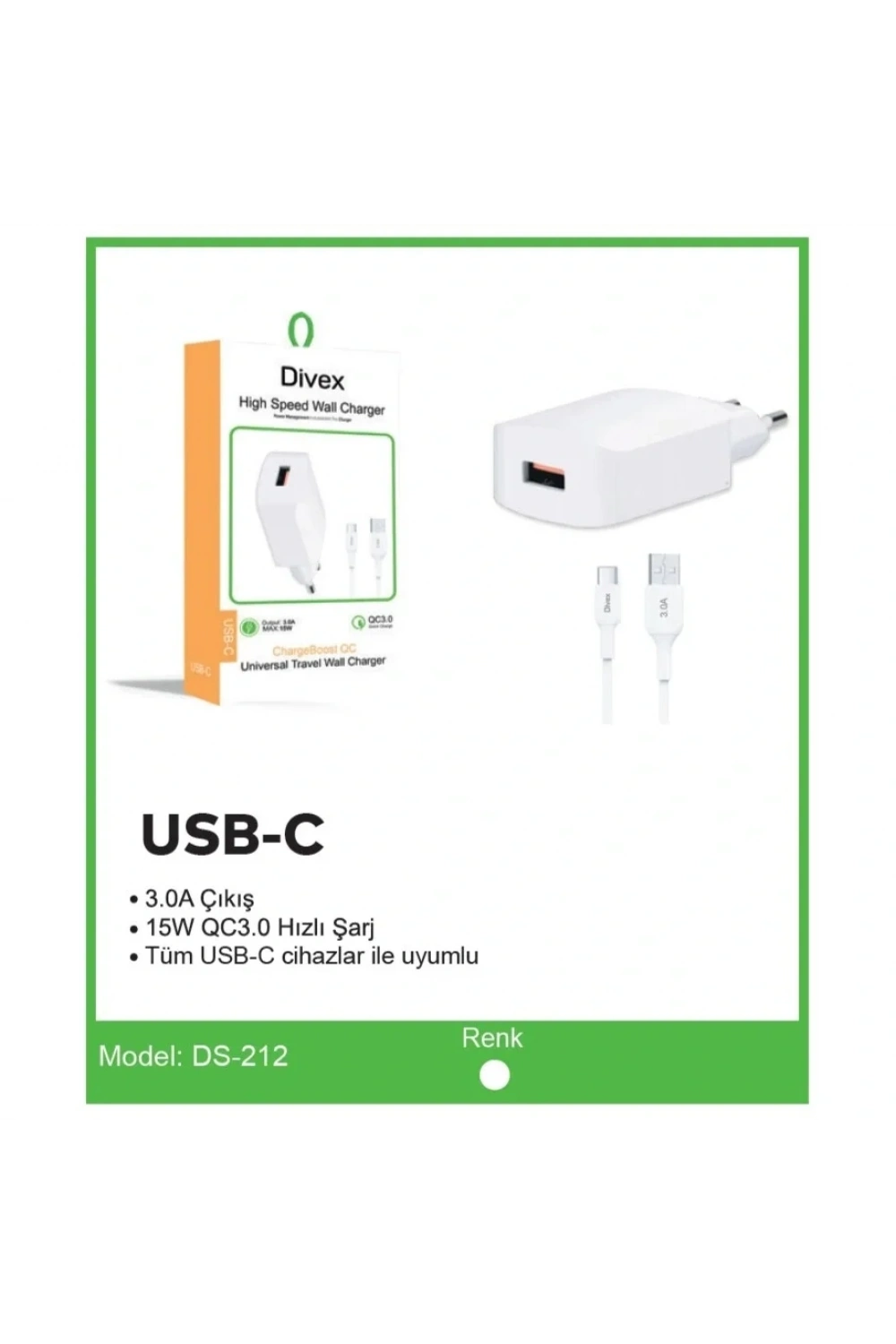 Divex Type-C USB Kablo - Adaptör 3.0A Ev Tipi Şarj Aleti DS-212