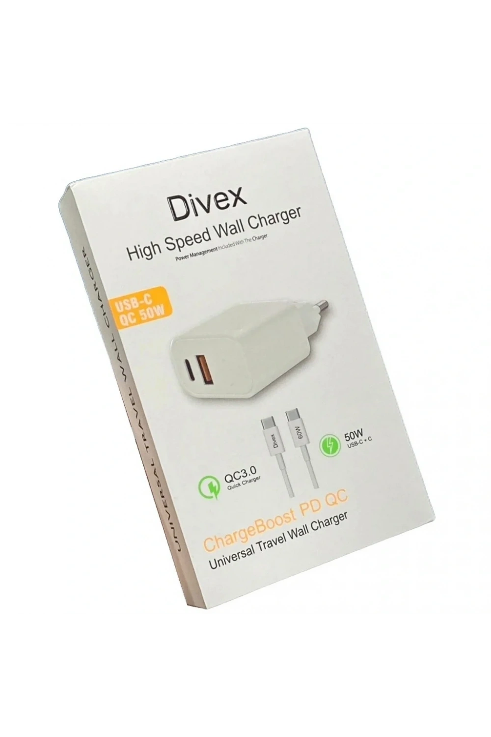 Divex USB Type-C 50W İki Çıkışlı 60W Kablo Hızlı Şarj Adaptörü DS-228