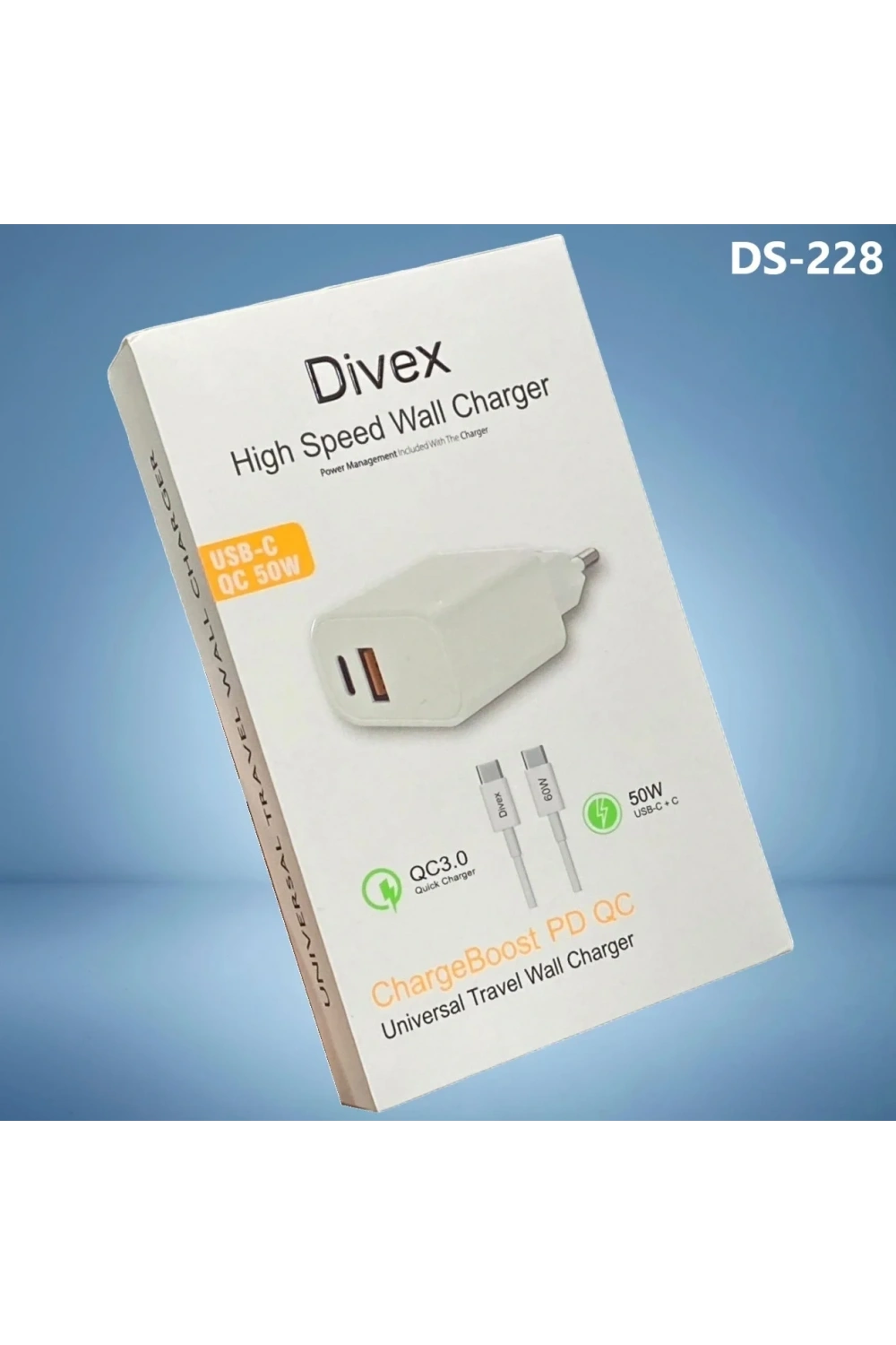Divex USB Type-C 50W İki Çıkışlı 60W Kablo Hızlı Şarj Adaptörü DS-228