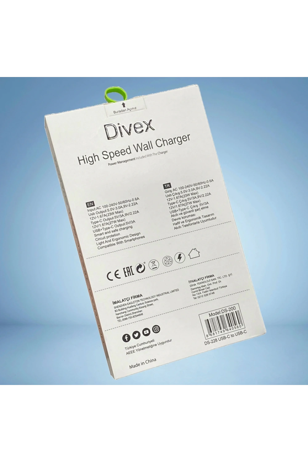 Divex USB Type-C 50W İki Çıkışlı 60W Kablo Hızlı Şarj Adaptörü DS-228