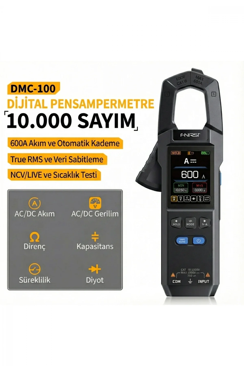 DMC-100 Akım Gerilim Pens Metre | 10000 Sayımlı Dijital True RMS Multimetre