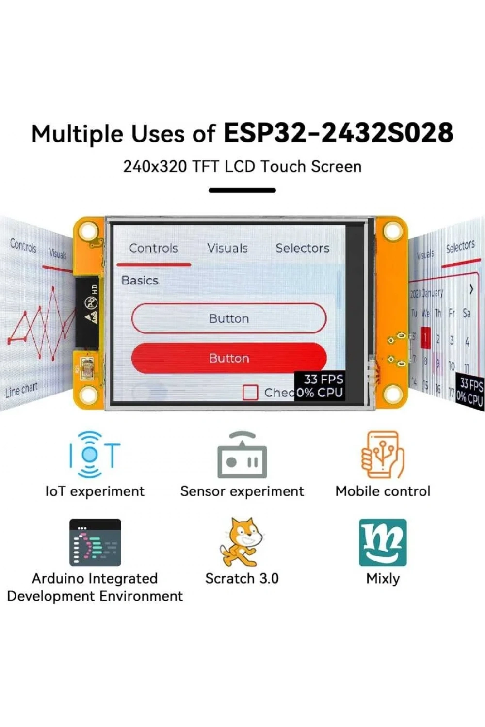 ESP32 Geliştirme Kartı 2.8 inç 240x320 Akıllı Dokunmatik TFT LCD Modül | LVGL WiFi Bluetooth WROOM Arduino Uyumlu