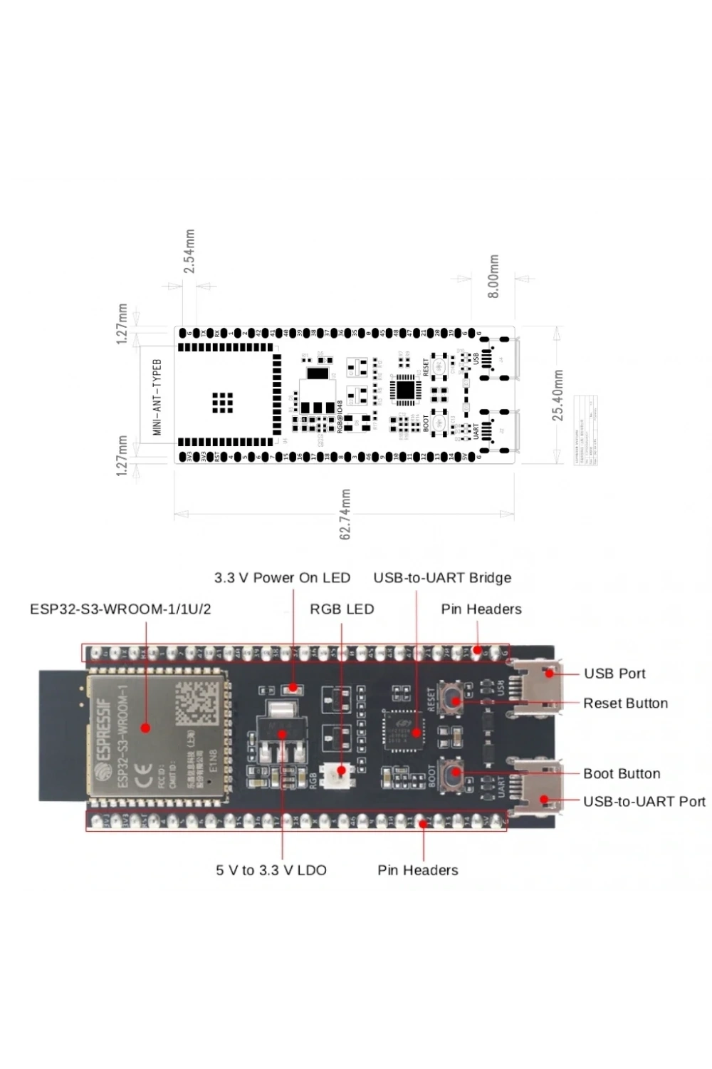 ESP32-S3-DevKitC-1 N16R8 WiFi ve Bluetooth Geliştirme Kartı