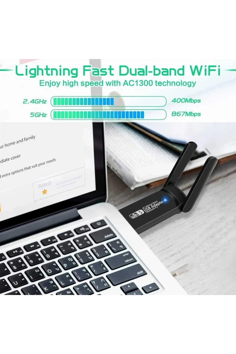 FENVI Çift Bant USB 3.0 WiFi Adaptör 1300Mbps Bluetooth 4.2 Kablosuz Ağ Alıcısı
