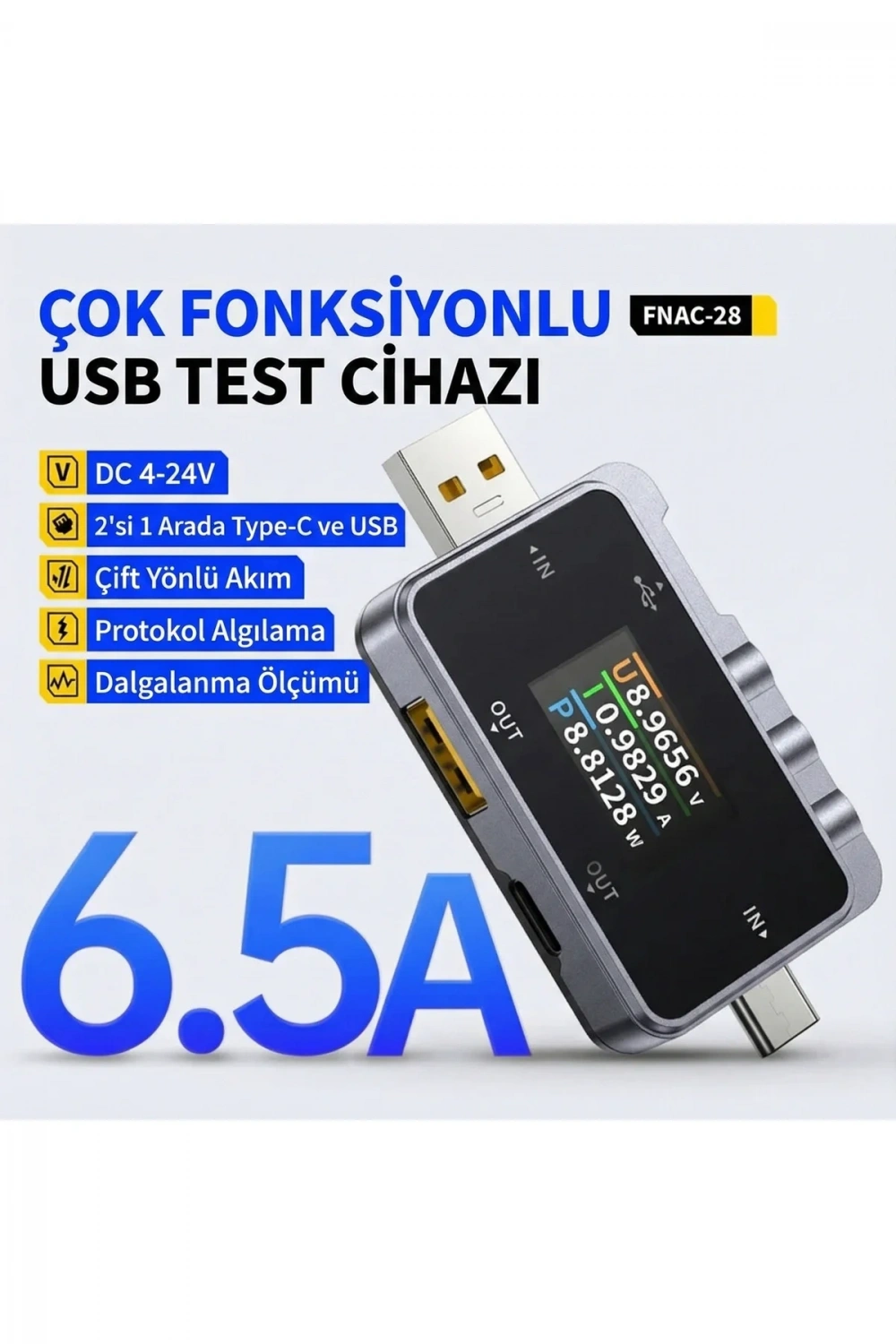 FNRSI FNAC-28 2si 1 Arada Tip-C USB Test Cihazı Dijital Voltmetre Ampermetre