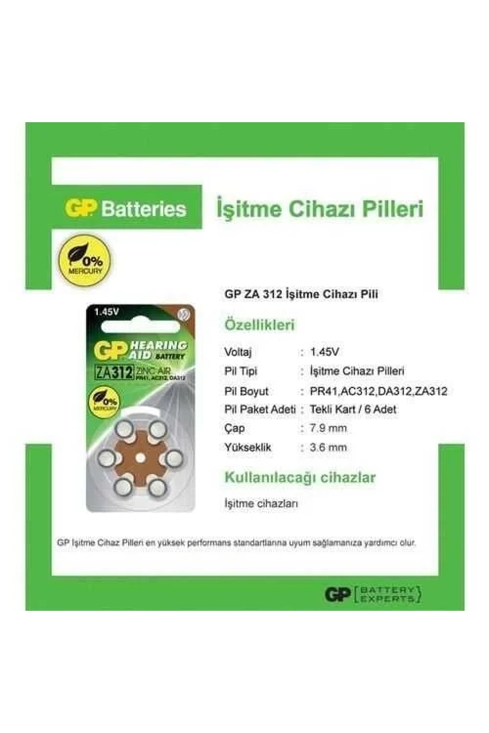 GP 6lı 1.4 V İşitme Cihazı Kulaklık Pili - GPZA312