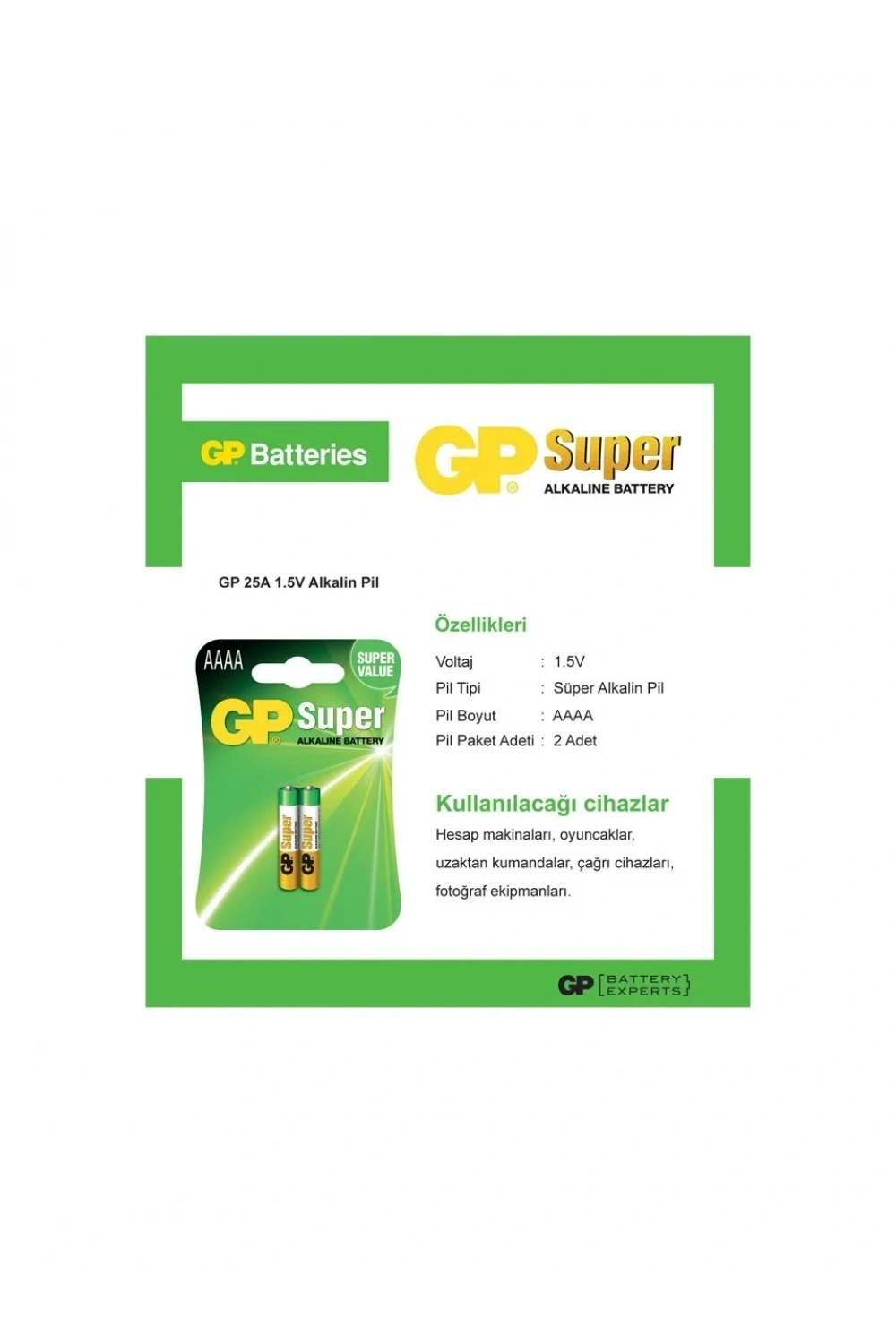 GP LR61 AAAA 25A Super Alkalin Pil 2’li 