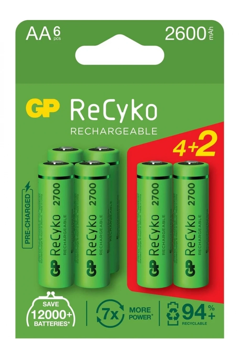 GP Recyko 2700 Seri 2600 mAh Şarjlı AA Kalem Pil 4+2