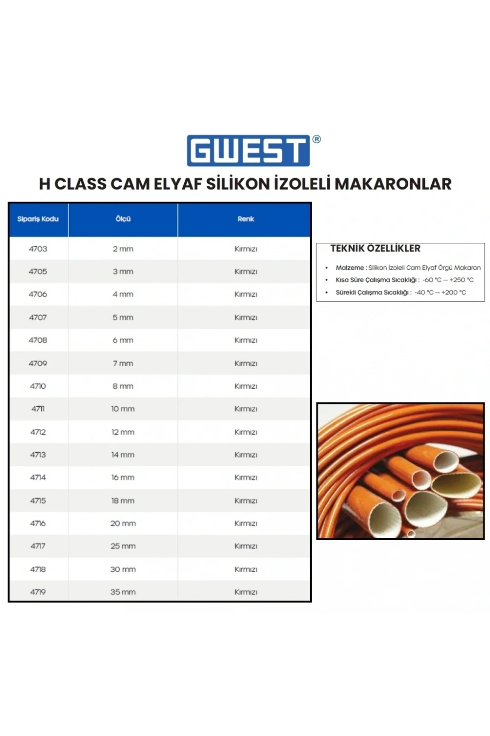 Gwest 4mm H Class Silikon İzoleli Cam Elyaf Makaron 100 Metre
