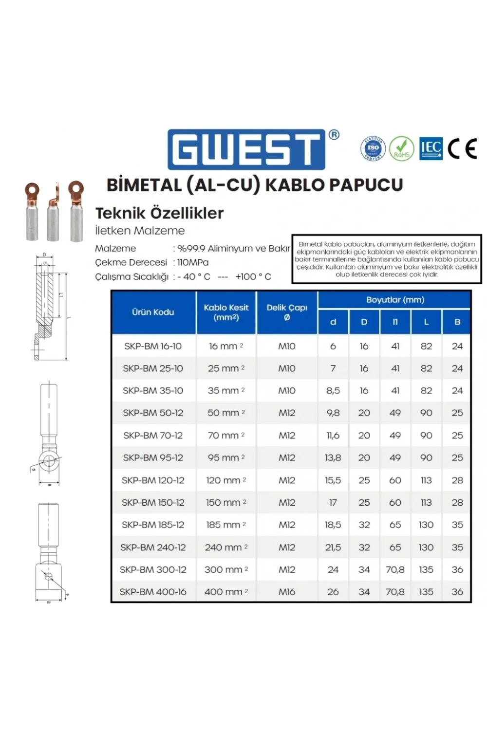 Gwest Bimetal AL-Cu Kablo Pabucu SKP-BM 240-12 (20 Adet)