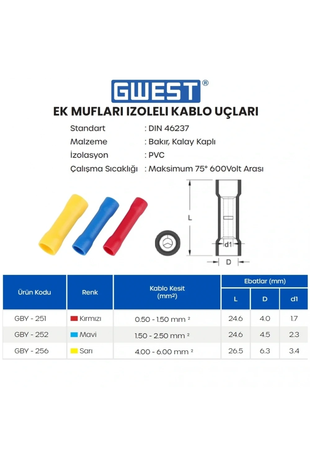 Gwest Ek Mufları İzoleli Kablo Ucu GBY-251 0.50-1.50mm Kırmızı 200 Adet