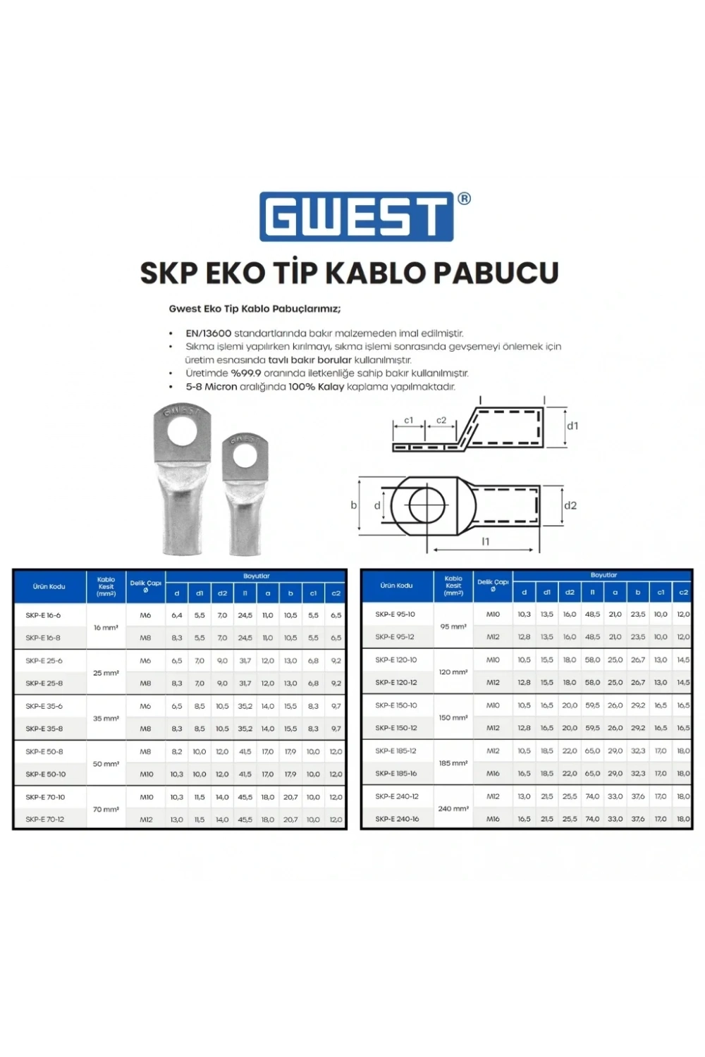 Gwest Ekonomik Tip Sıkmalı Kablo Pabucu SKP-E 50-10 200 Adet