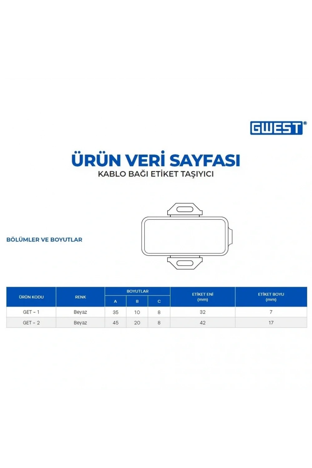 Gwest GET-2 20x45mm Kablo Bağı Etiket Taşıyıcı 100 Adet
