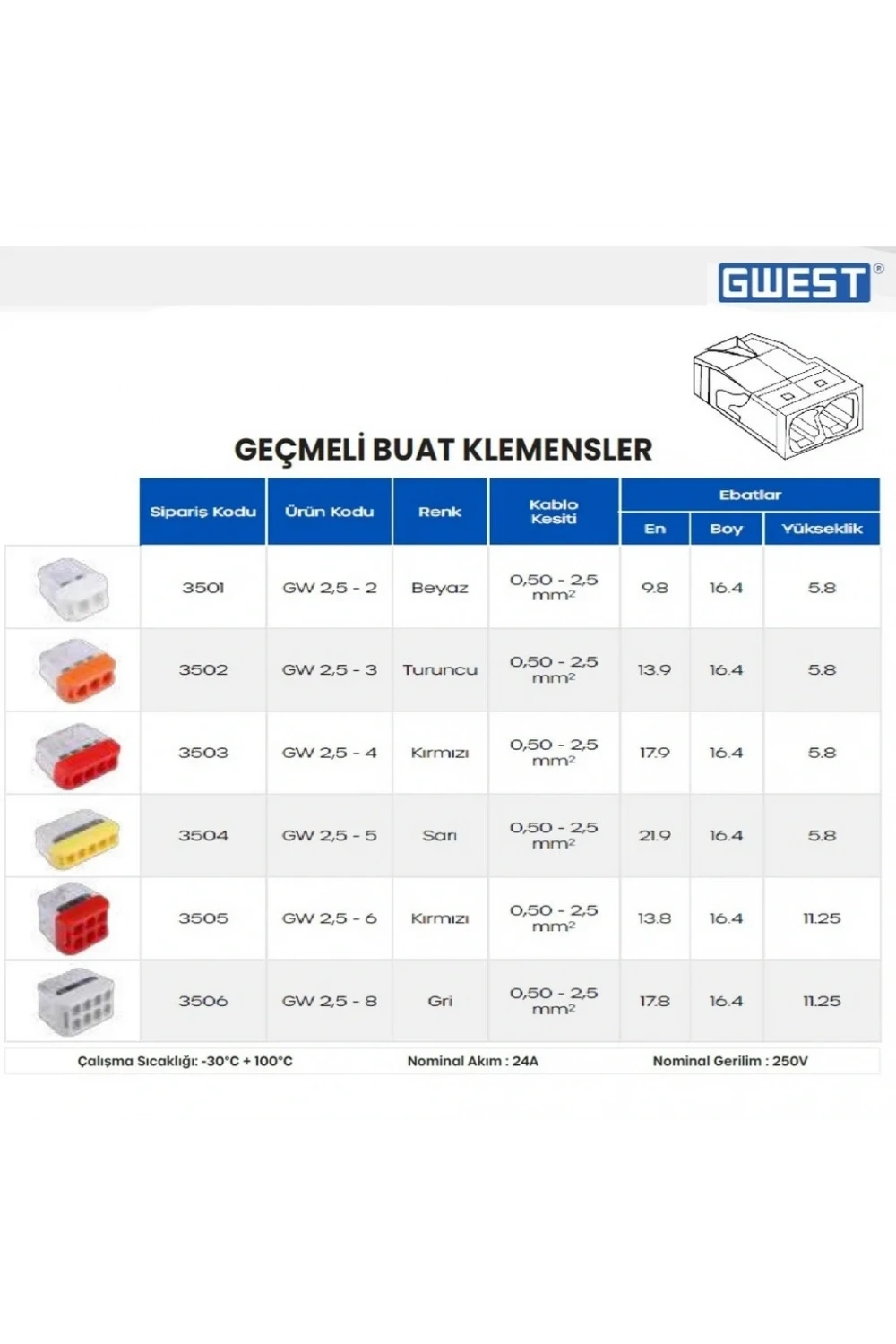 Gwest GW-2.5-5 Geçmeli Buat Klemens Sarı 1 Adet