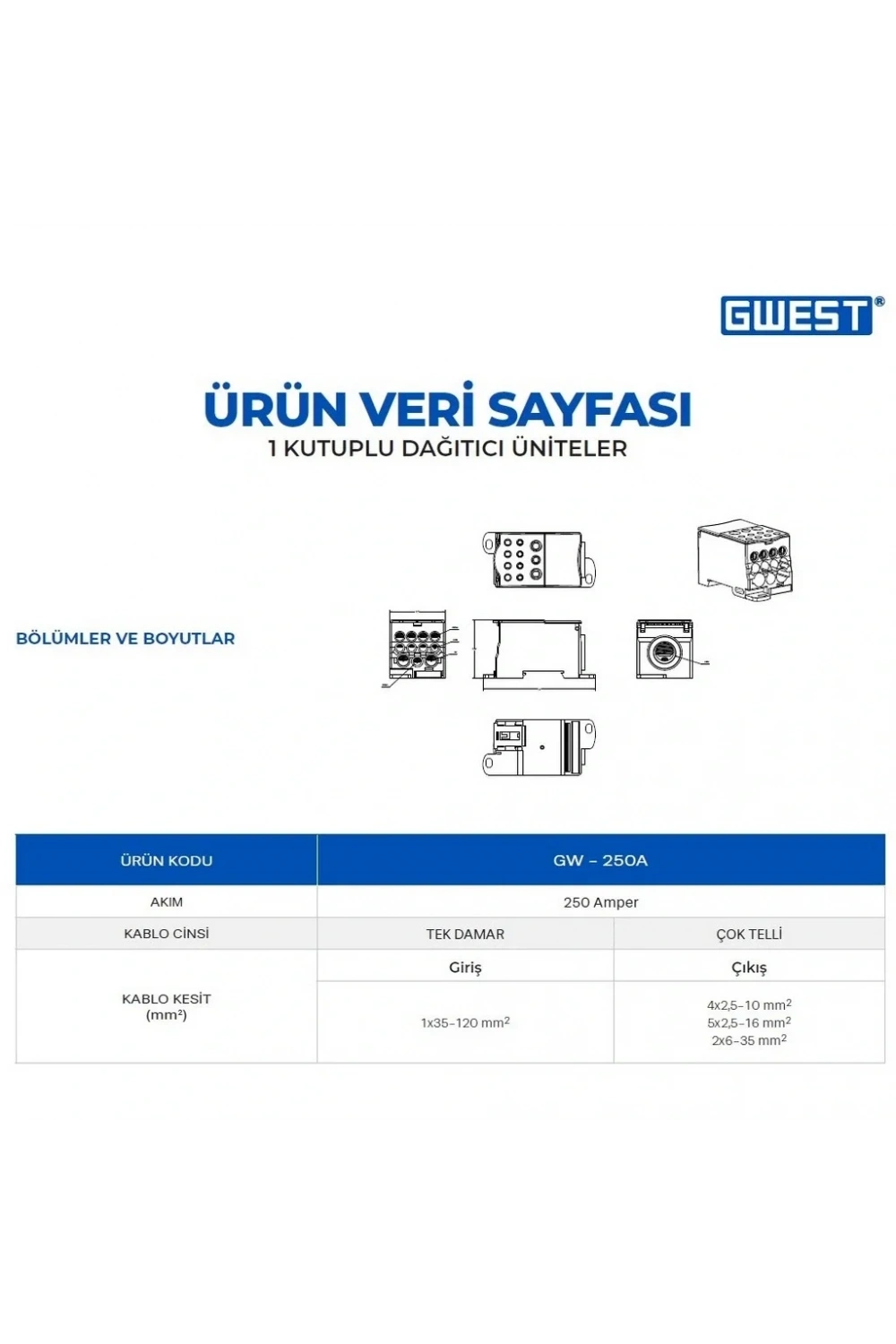 Gwest GW-250A Tek Kutuplu 250A Girişli Dağıtıcı Ünite