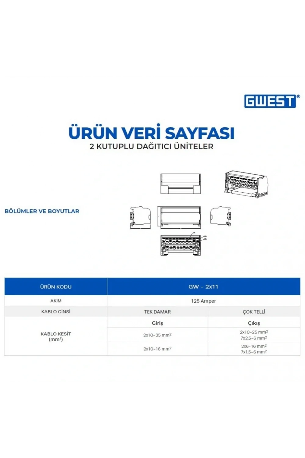 Gwest GW-2x11 2 Kutuplu 125A Girişli Dağıtıcı Ünite