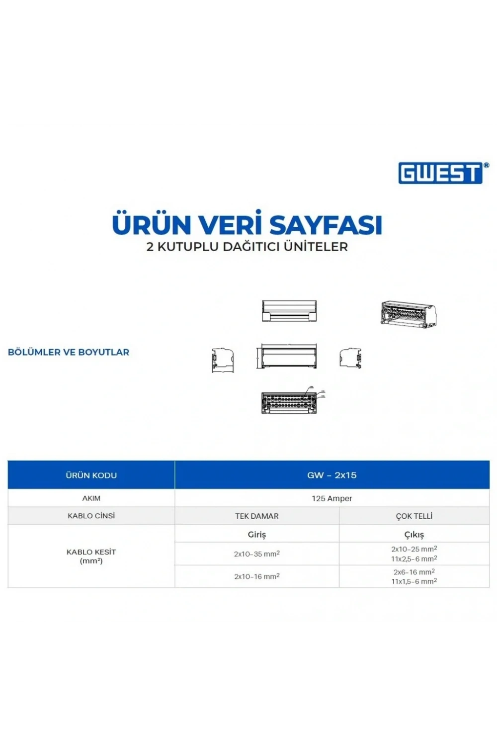 Gwest GW-2x15 2 Kutuplu 125A Girişli Dağıtıcı Ünite