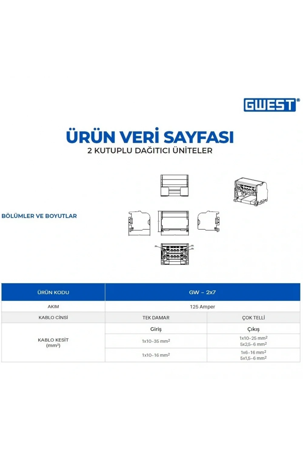 Gwest GW-2x7 2 Kutuplu 125A Girişli Dağıtıcı Ünite