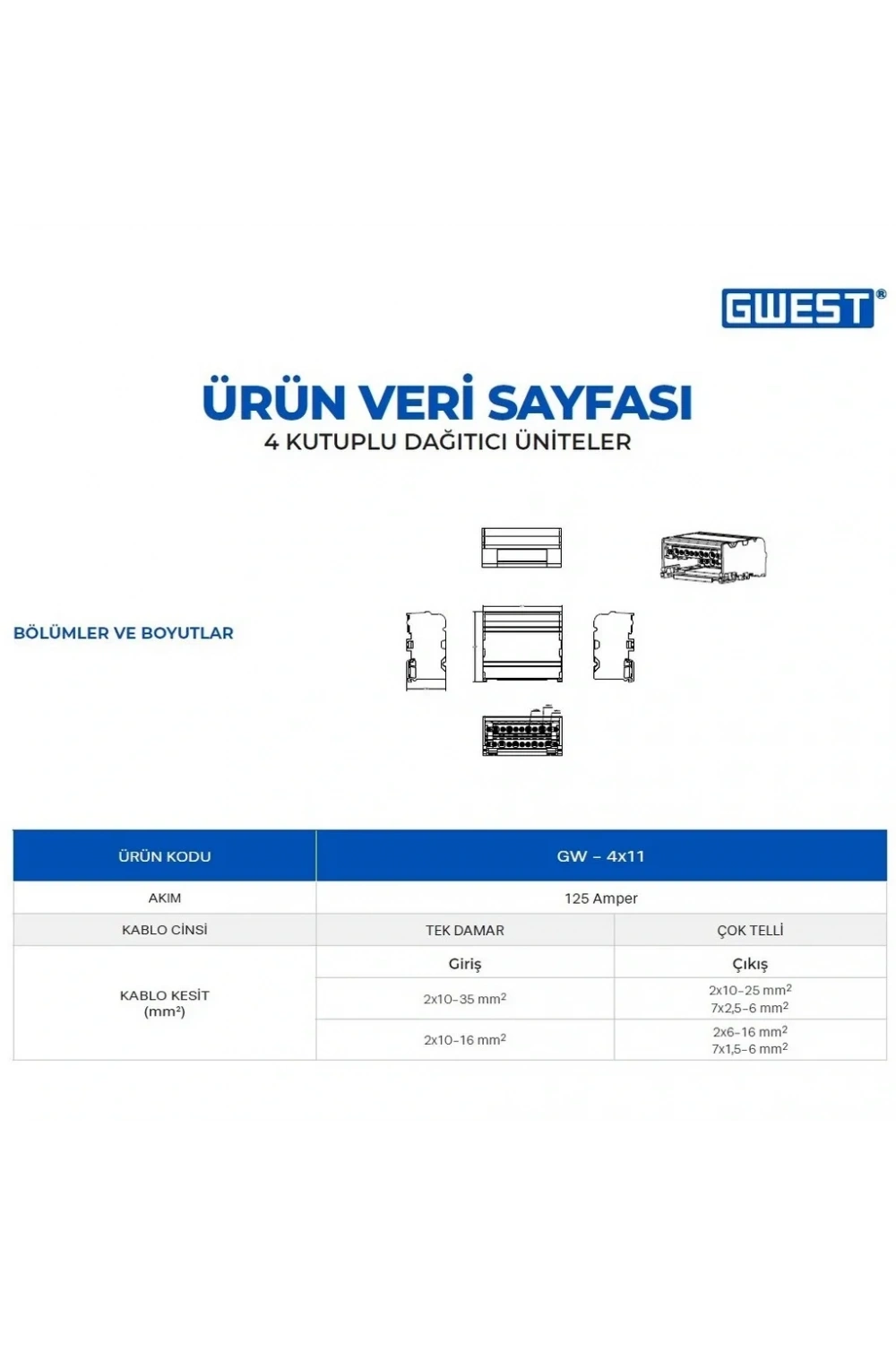 Gwest GW-4x11 4 Kutuplu 125A Girişli Dağıtıcı Ünite