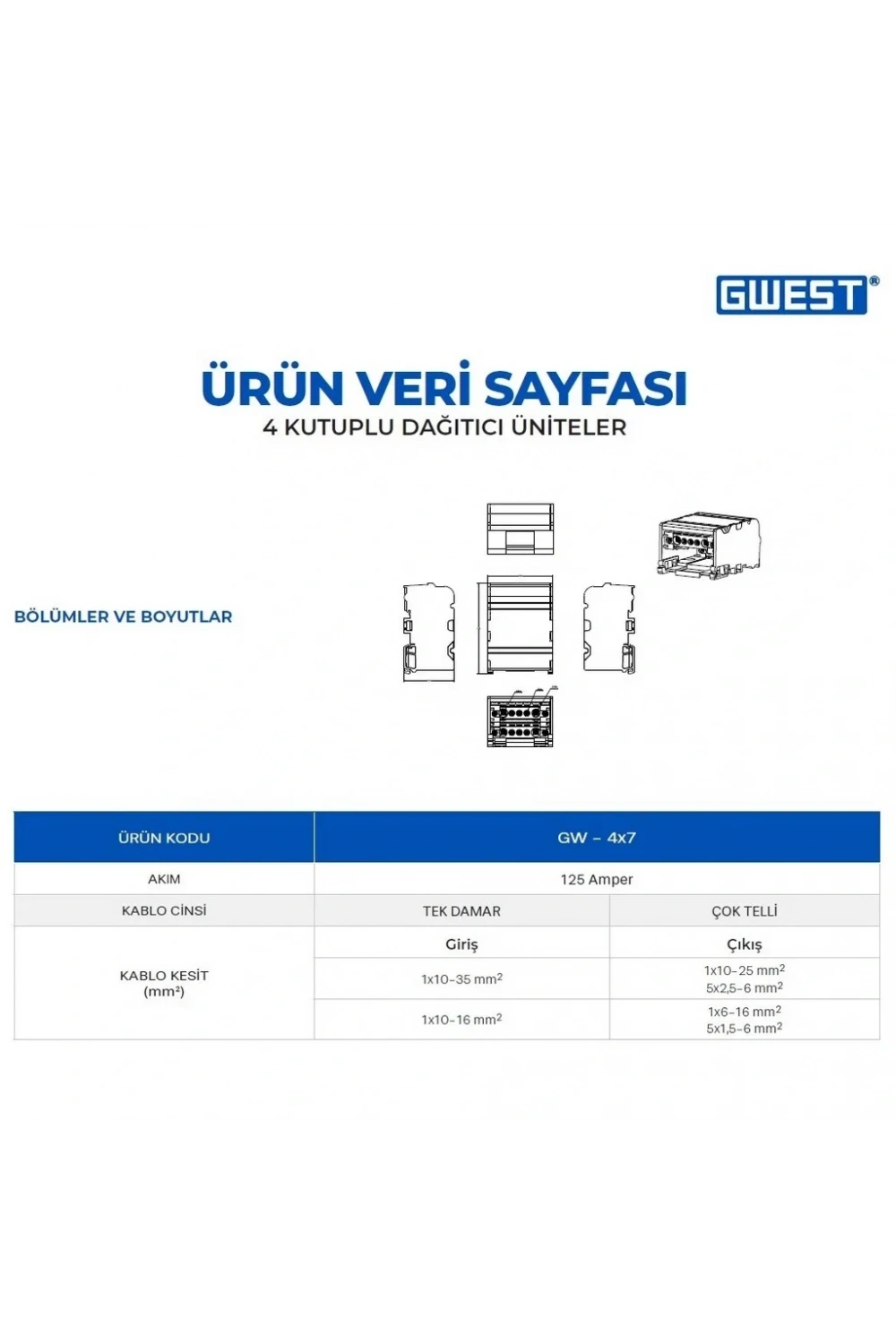 Gwest GW-4x7 4 Kutuplu 125A Girişli Dağıtıcı Ünite