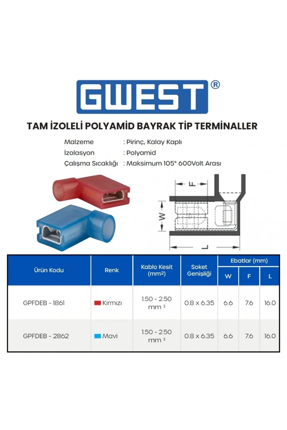 Gwest İzoleli Polyamid Bayrak Tip Terminal GPFDEB-1861 0.5-1.5mm 100 Adet