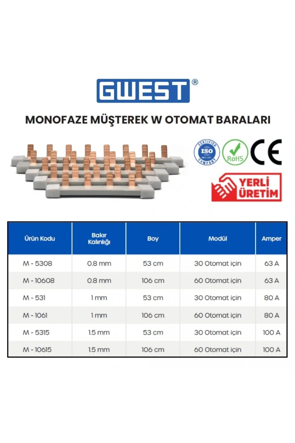 Gwest M-10615 1.5mm 106cm 100A Monofaze Müşterek W Otomat Barası 60 Adet