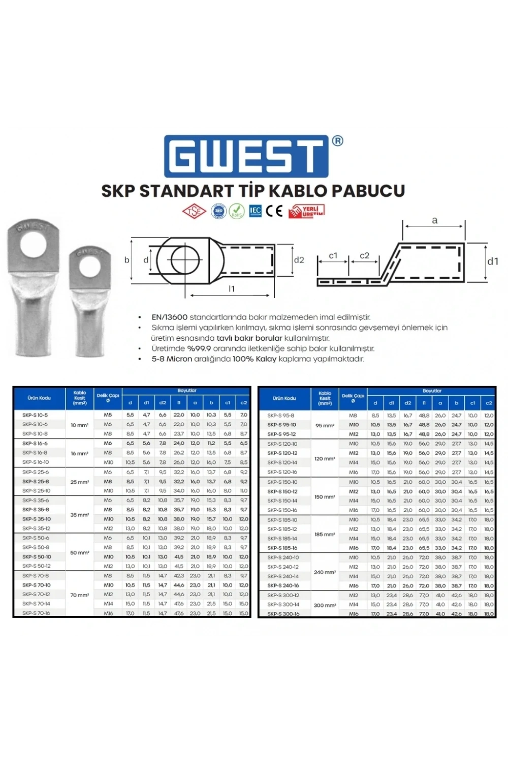 Gwest Standart Tip Sıkmalı Kablo Pabucu SKP-S 150-14 40 Adet