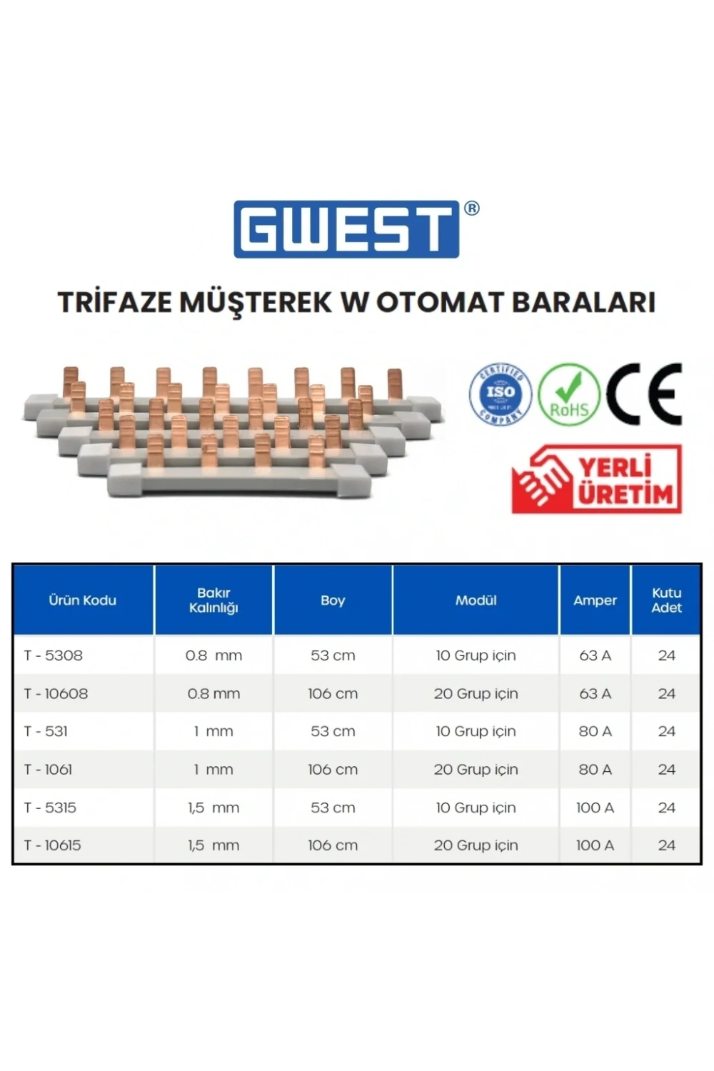 Gwest T-5315 1.5mm 53cm 100A Trifaze Müşterek W Otomat Barası 24 Adet