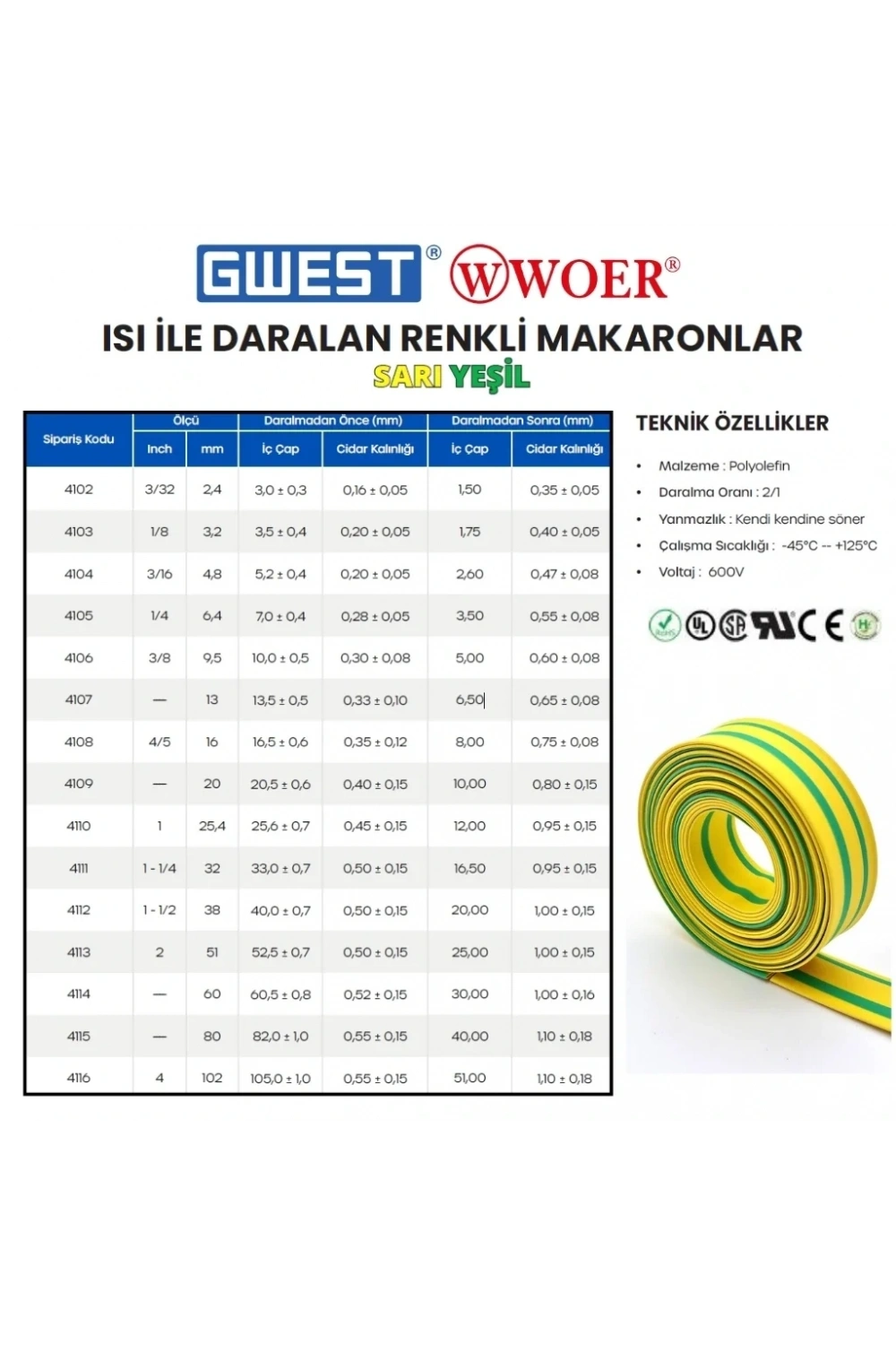 Gwest Woer Isı İle Daralan Makaron Sarı-Yeşil 6.4mm 100 Metre