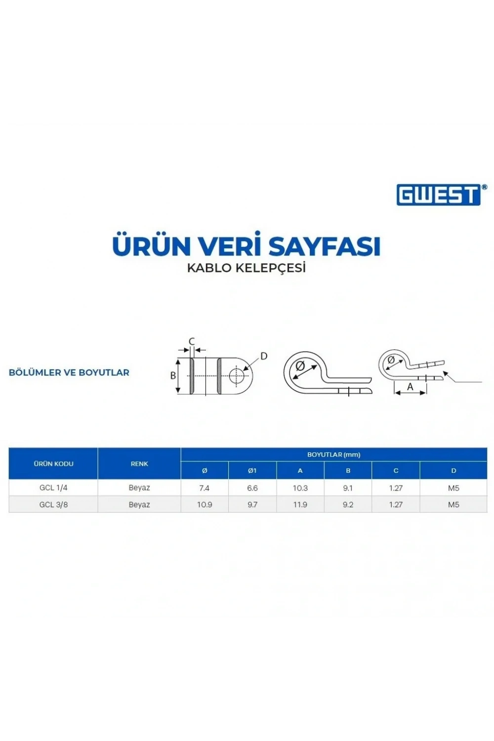 Gwest GCL3/8 10mm Kablo Kelepçesi Beyaz 100 Adet